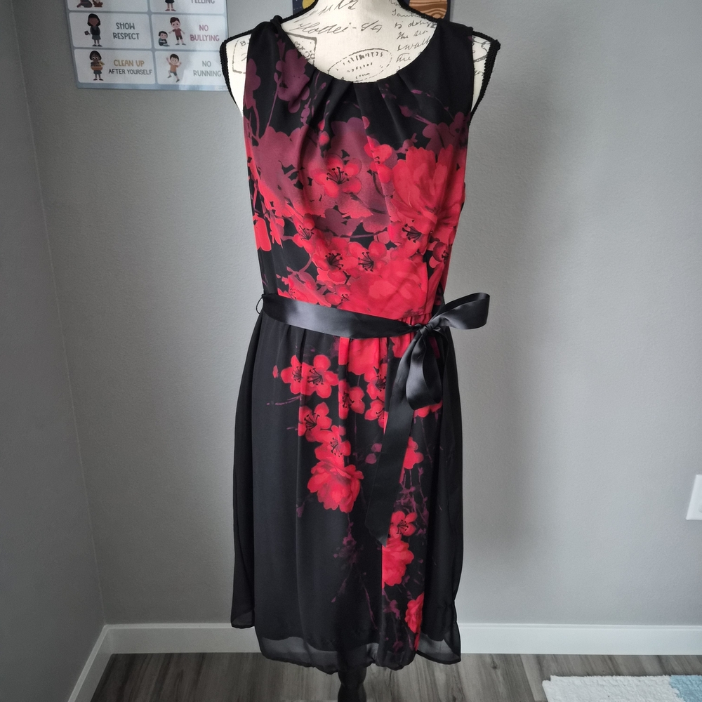 Connected Apparel Red and Black Floral Midi Dress
